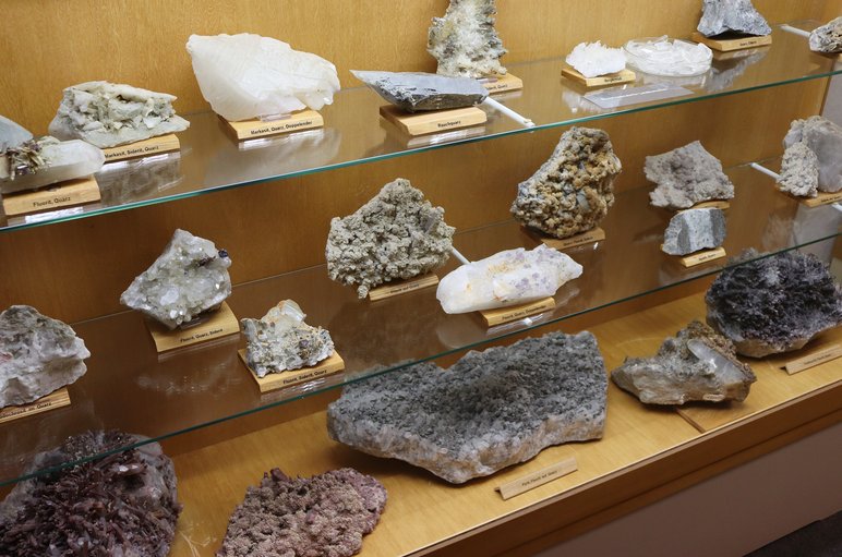 Foto einer Museumsvitrine mit mehreren Regalböden aus Glas, auf denen verschieden beschriftete Mineralstufen und Gesteine liegen.