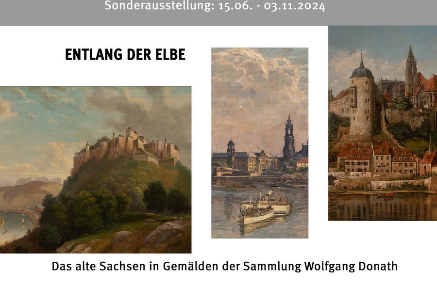 Drei Ausschnitte von Gemälden mit historischen Ansichten der Festung Königstein, von Dresden und Meißen
