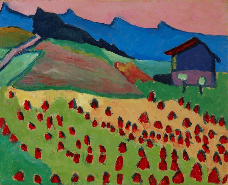 Expressives Landschaftsgemälde mit einem Feld und einer Hütte, im Hintergrund Berge im Abendrot