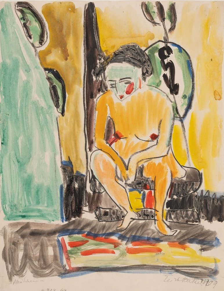 Das expressive Aquarell in Gelb- und Grüntönen zeigt eine auf einer niedrigen Bank in einem Raum sitzende nackte Frauenfigur.