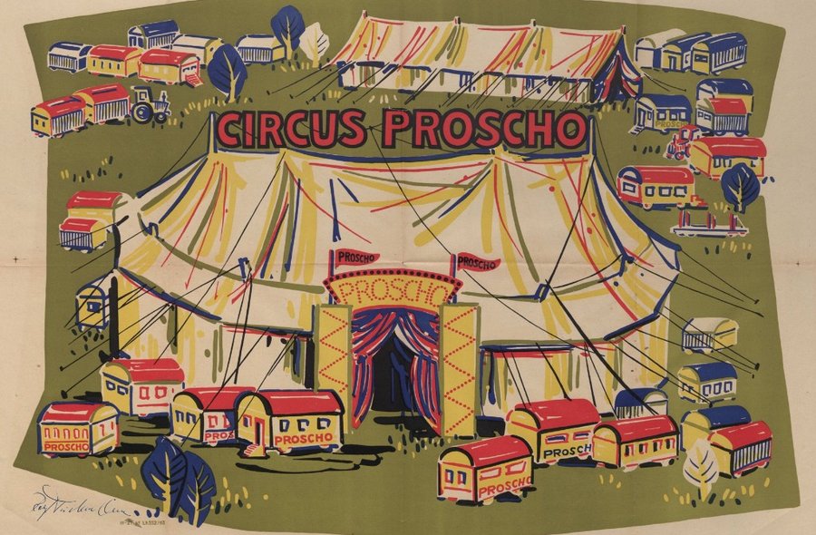 Das Bild zeigt ein Plakat, das ein Zirkuszelt umringt von vielen Zirkuswagen darstellt.