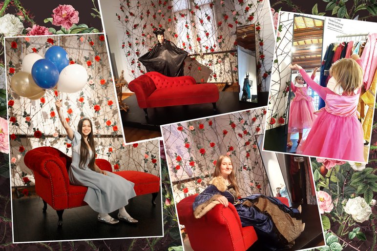 Das Bild enthält vier Fotos, auf denen kleine und größere Mädchen in Prinzessinnenkostümen vor einer Dornenwand beziehungsweise auf einem roten Sofa abgebildet sind.