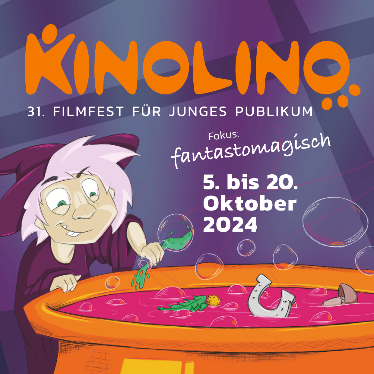 Plakatmotiv ist die Zeichnung einer Hexe, die in einem großen Kessel rührt. Auf dem Plakat ist zu lesen: Zitat „Kinolino: 31. Filmfest für junges Publikum. Fokus: Fantasto-magisch. Fünfter bis zwanzigster Oktober 2024“ Zitat Ende.